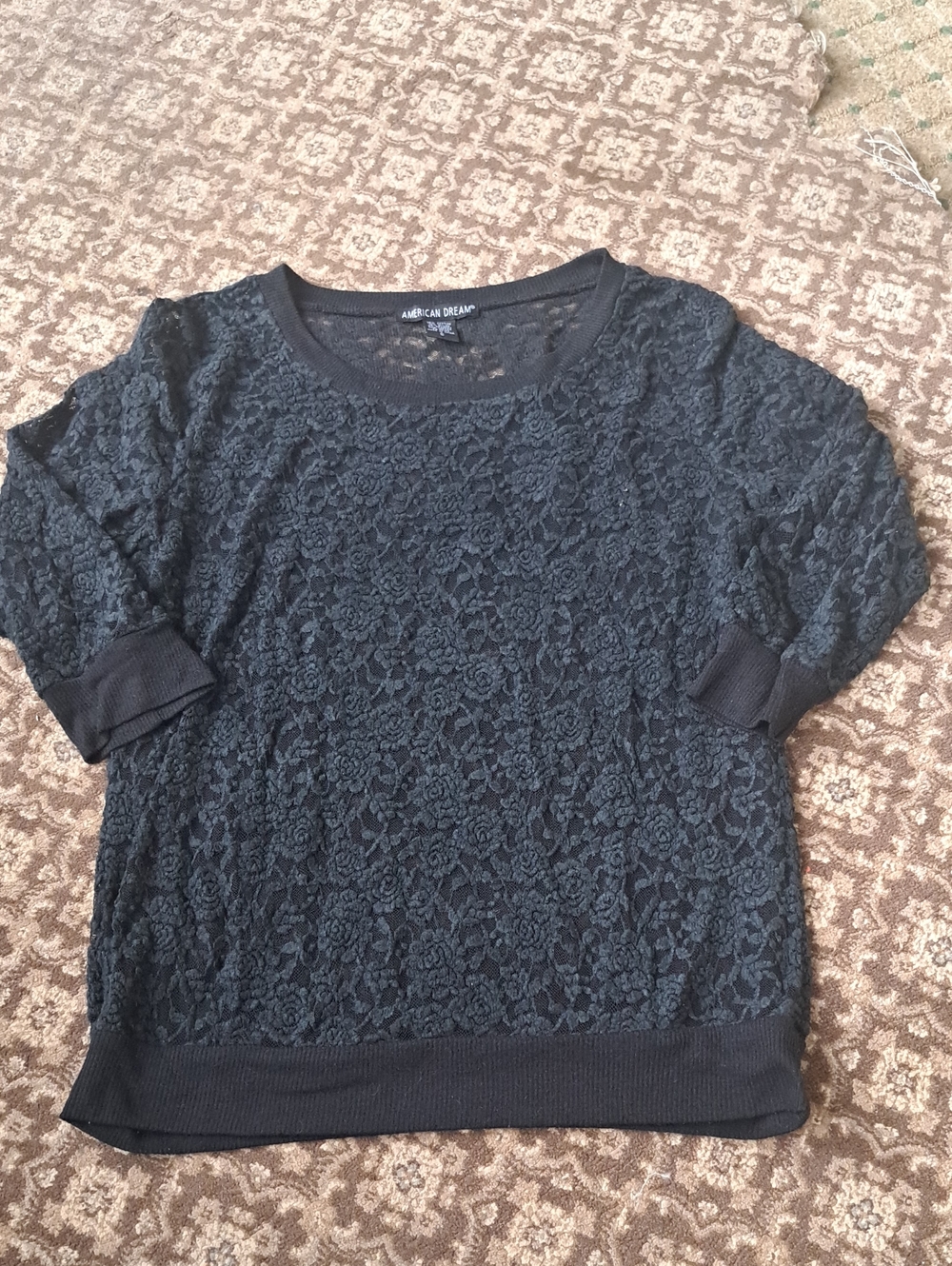 American Dream Black Floral Lace Short Sleeve Sweater Top
